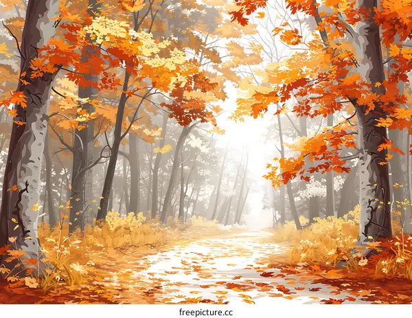 Autumn Forest Path with Golden Leaves