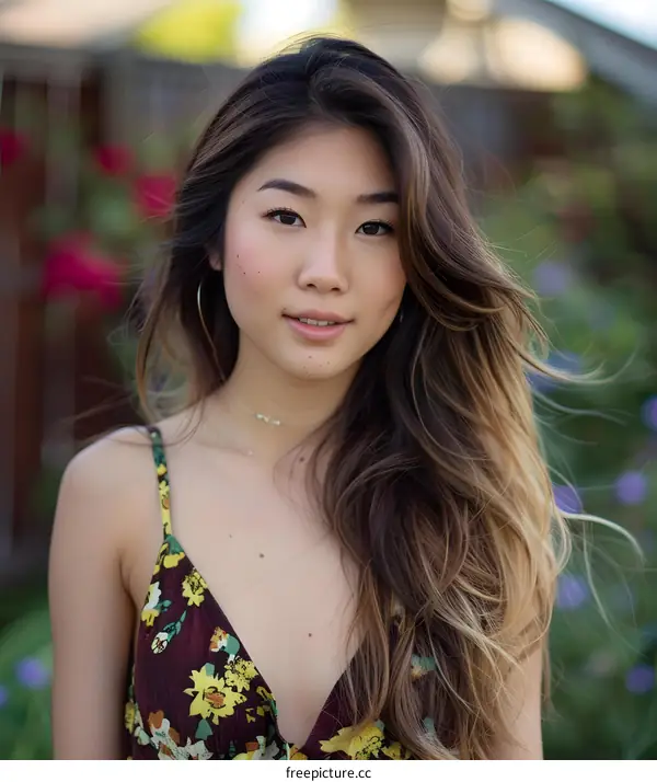 Portrait of a Young Asian Woman with Long Brown Hair Wearing a Floral Dress
