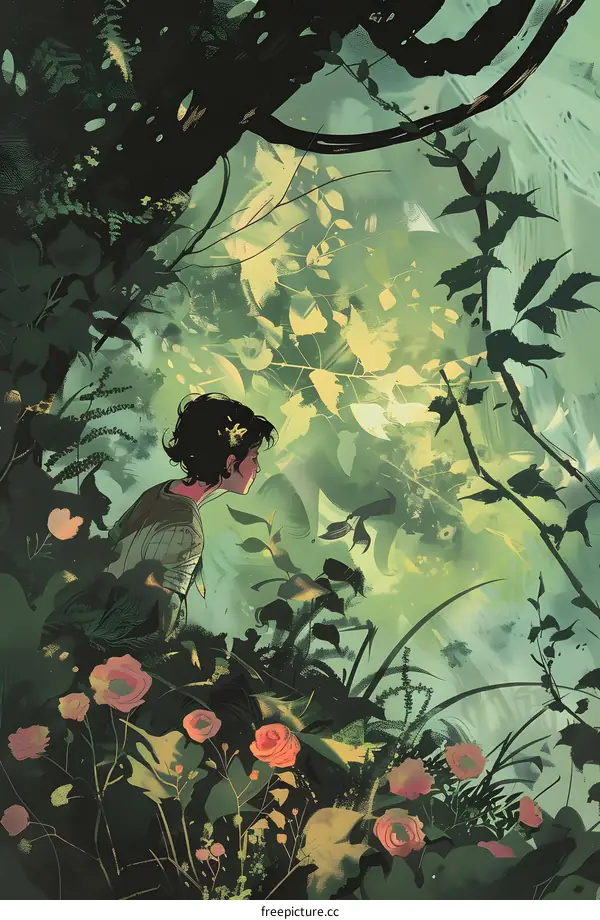 A Girl Stands in a Lush Forest Filled with Green Leaves and Pink Flowers