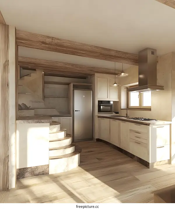 Modern Kitchen Interior Design with Wooden Beams and Stone Staircase