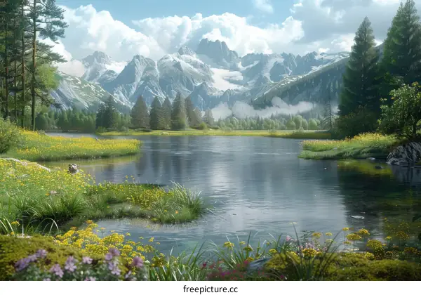 Serene Mountain River Landscape with Flowers
