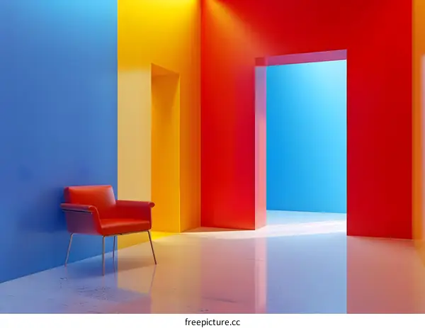 Red Chair in a Colorful Room with Doors
