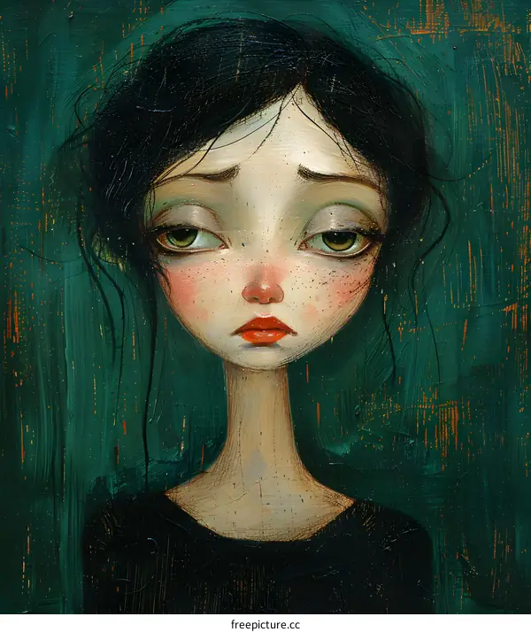 portrait of a sad girl with black hair and green eyes