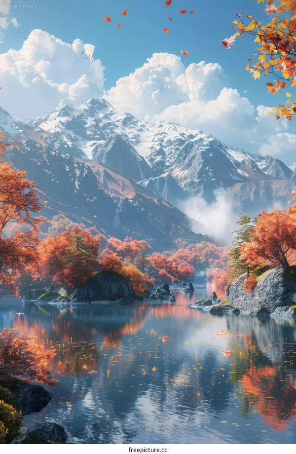 Autumn Mountain Lake Scenery Illustration
