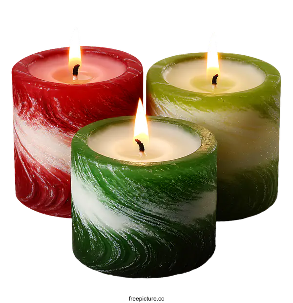 [Transparent Background PNG]Three Colorful Decorative Candles on White Background