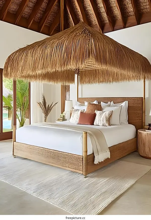 Tropical  Bedroom Interior Design With Woven Bed Canopy