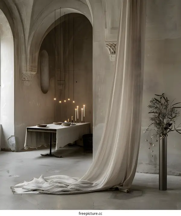 Rustic Interior Design with White Fabric Drapery and Minimalist Decor
