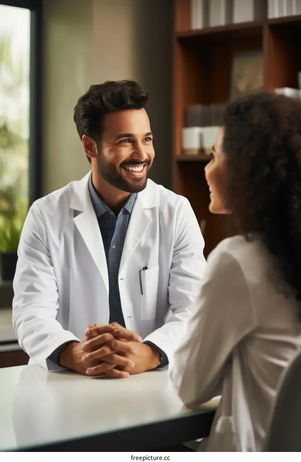 Smiling multiracial doctors discussing work in the clinic