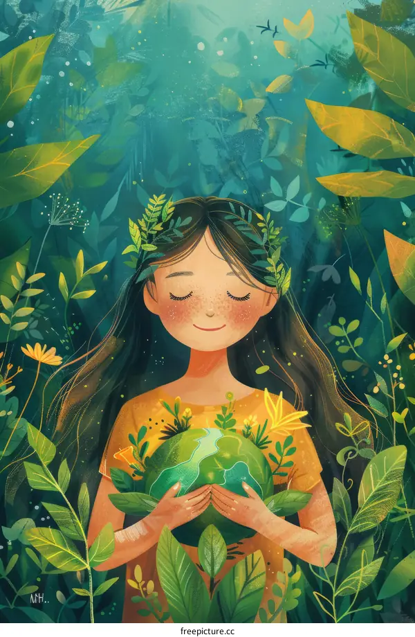 girl holding the earth in her hands with leaves and flowers in the background