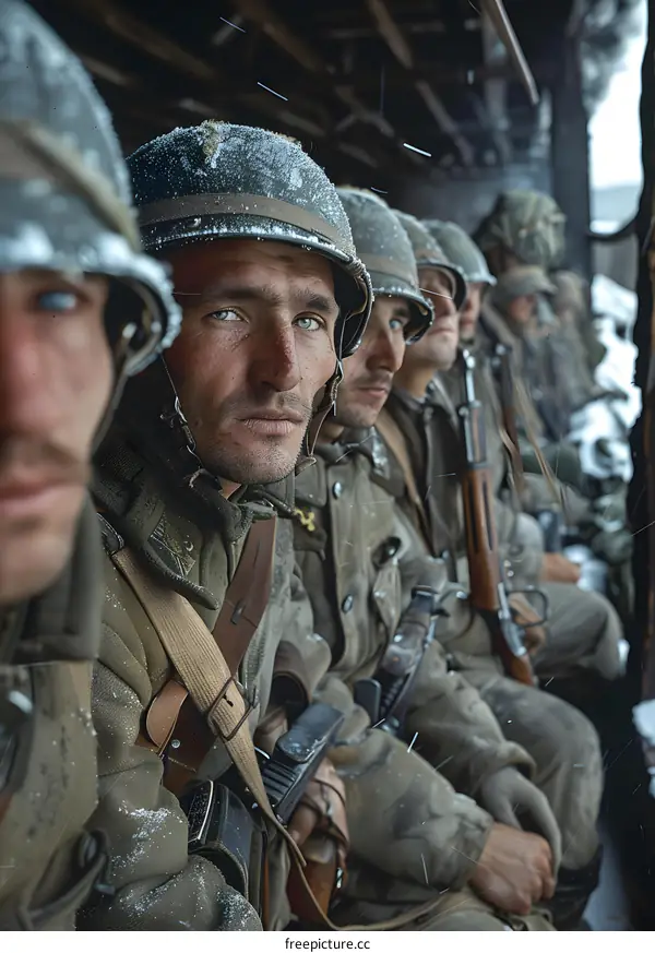 A group of soldiers in winter gear pose for a photo during World War II.