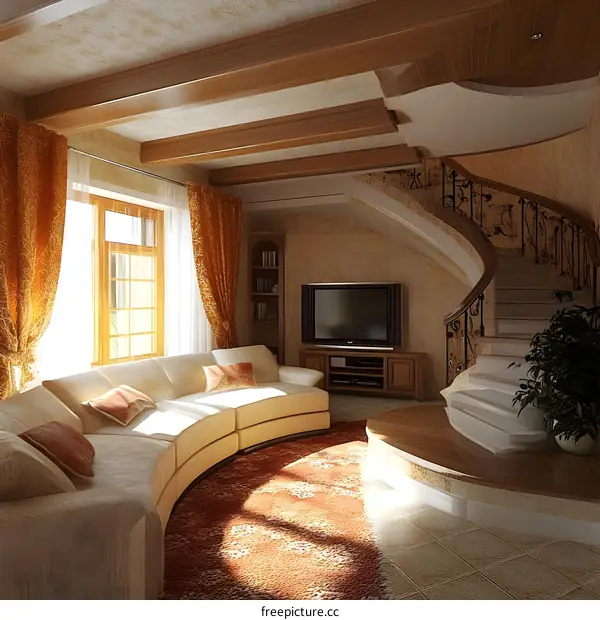 Modern Interior Design With Curved Sofa and Staircase