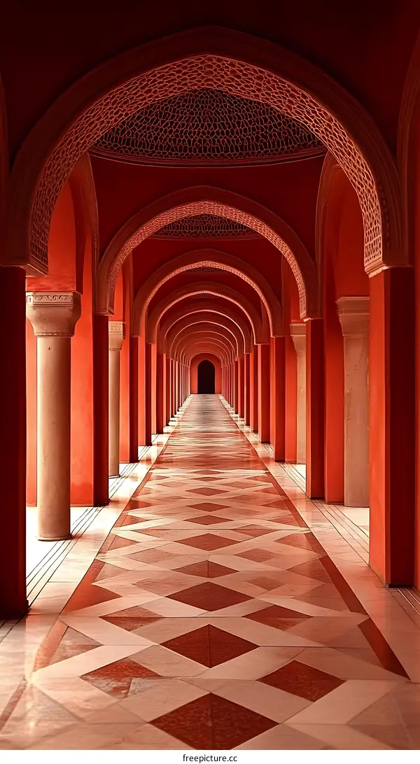 Red Arched Corridor Leading To An Unknown Destination