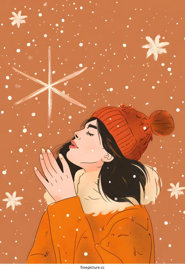 Woman in Orange Coat Catching Snowflakes