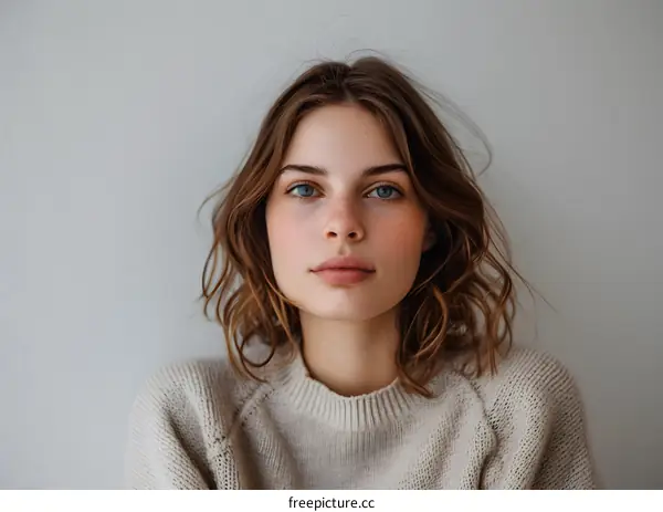 portrait of a young woman with freckles and blue eyes