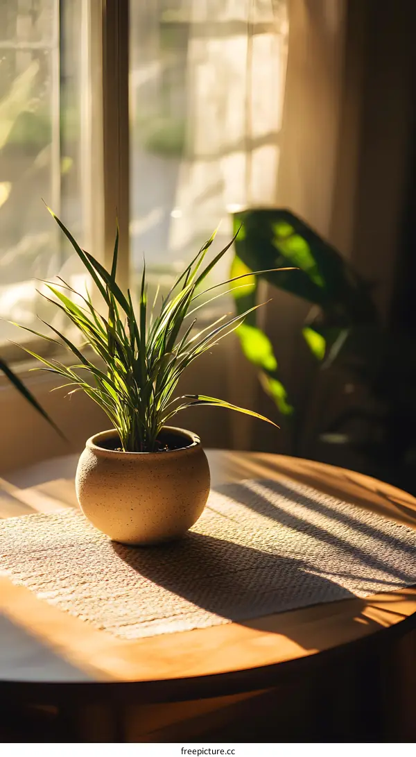 Green Plant in a Pot on a Wooden Table with Sunlight Streaming Through Window