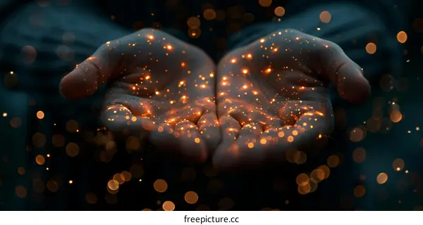 Glowing hands cupping a handful of glittering lights