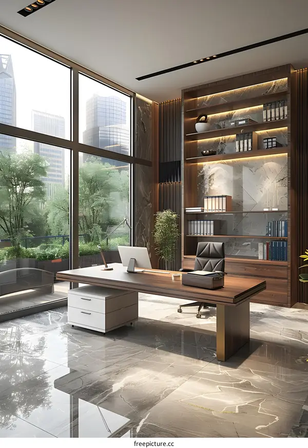 Modern office interior with large windows and a view of the city