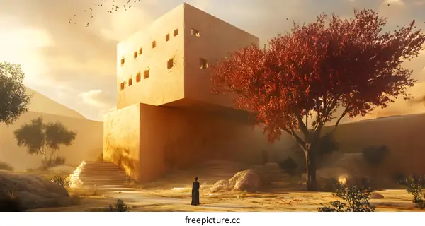 Minimalist Architecture in Desert Landscape with Person