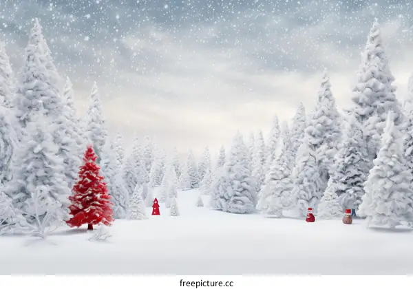Snowy Forest with a Red Christmas Tree