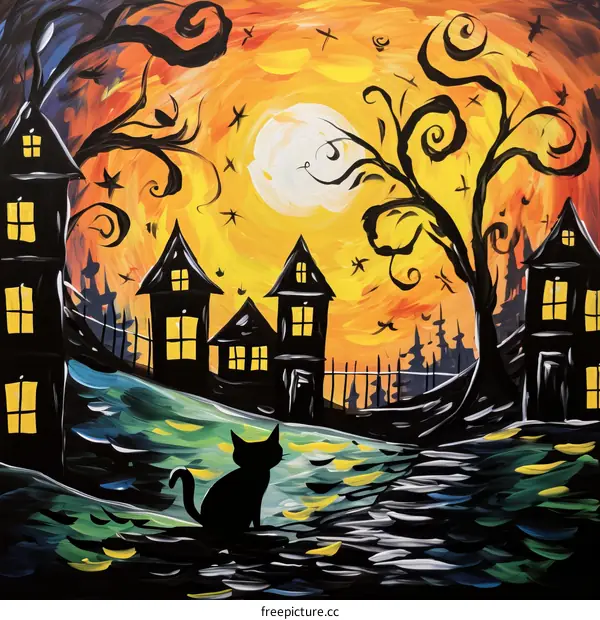 Halloween Black Cat in a Haunted Village