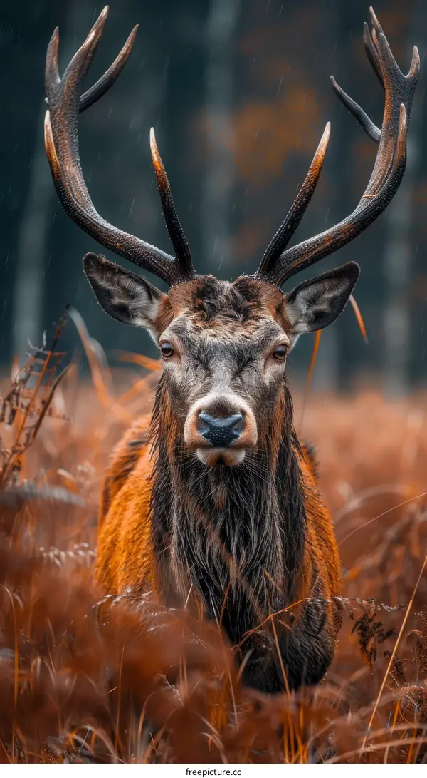 A majestic red deer stag stands in the rain