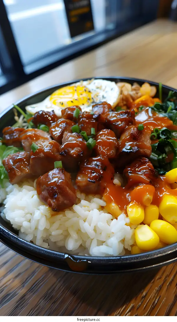 A delicious and nutritious Korean dish with pork, rice, and vegetables