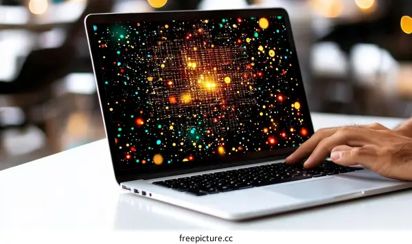 Laptop Displaying Abstract Colorful Network Design