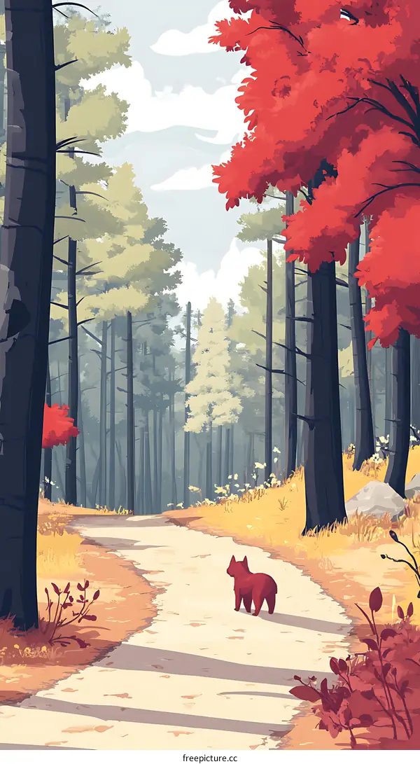 Red Dog Walking Through Autumn Forest Path