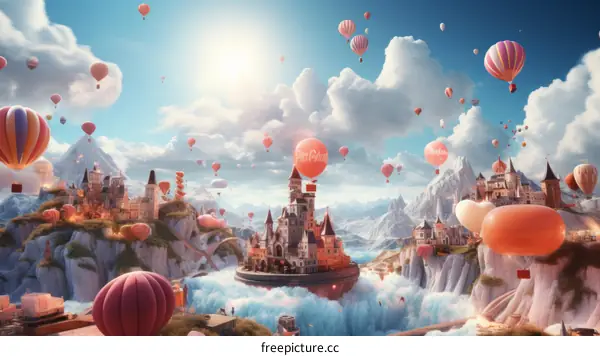 Fantasy Castle in the Sky with Hot Air Balloons
