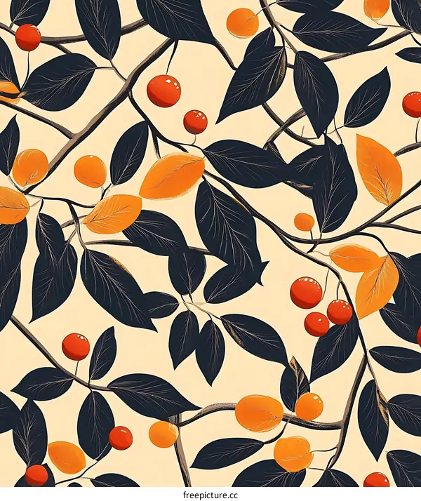 Autumn Leaves and Berries Seamless Pattern