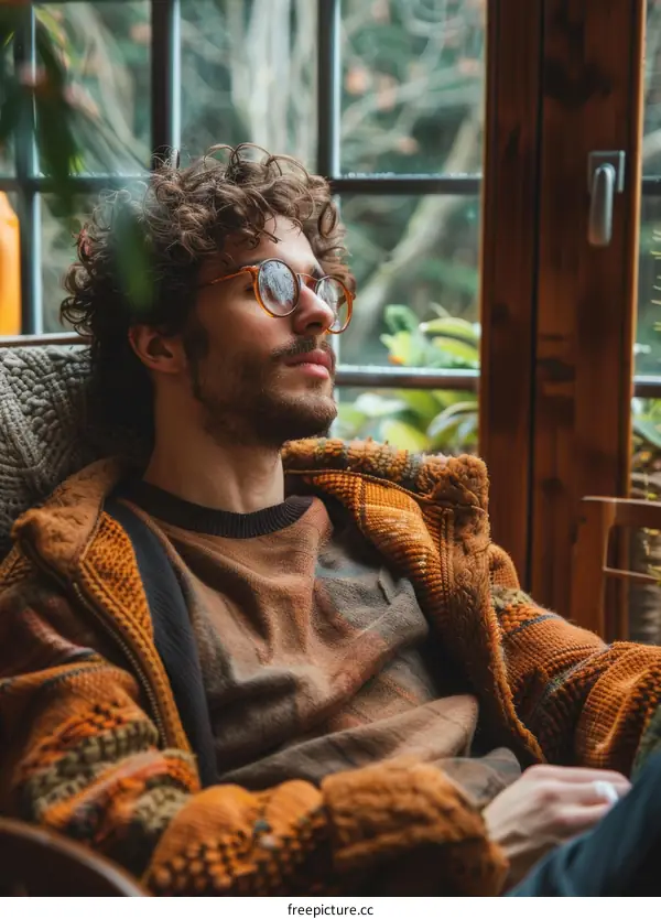 A Man Wearing Glasses and a Sweater is Sitting in a Chair