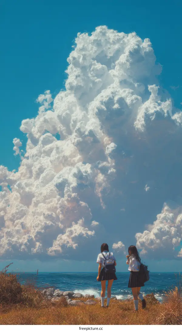 Two Asian Girls Enjoying a Beautiful Sunny Day by the Sea