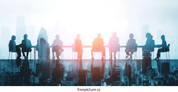 Business Meeting Silhouette Over Cityscape
