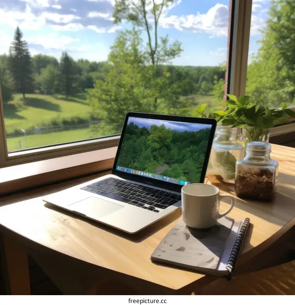 A writer's desk with a laptop, notebook, coffee cup, and plants in the background