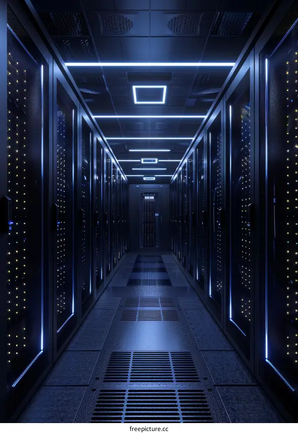Futuristic server room with blue lights illuminating the dark space