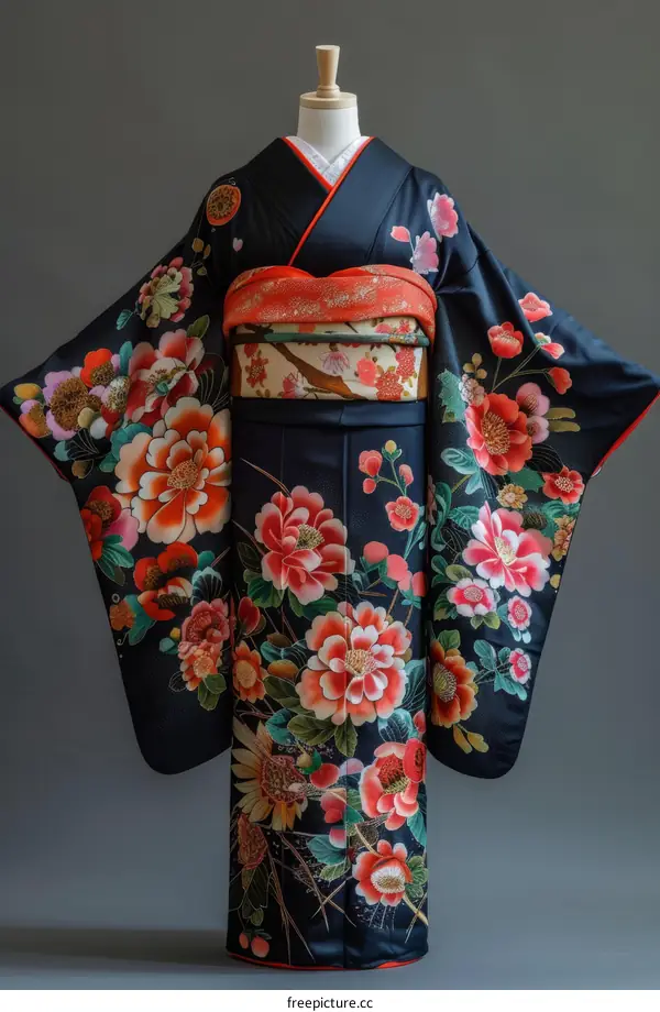 Elegant Japanese Woman in Floral Kimono
