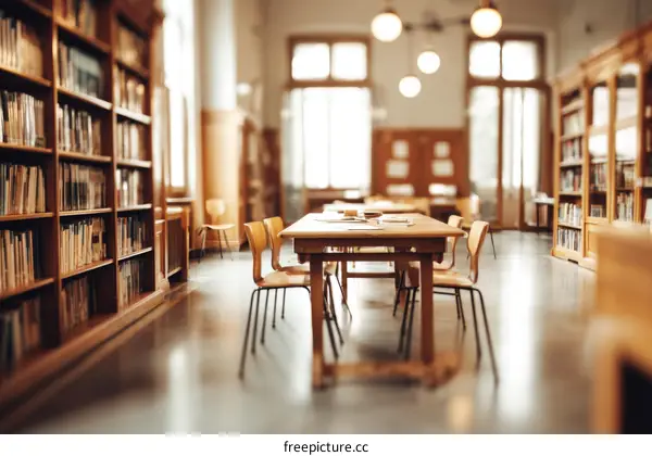 Spacious Library Interior with Wooden Tables and Bookshelves
