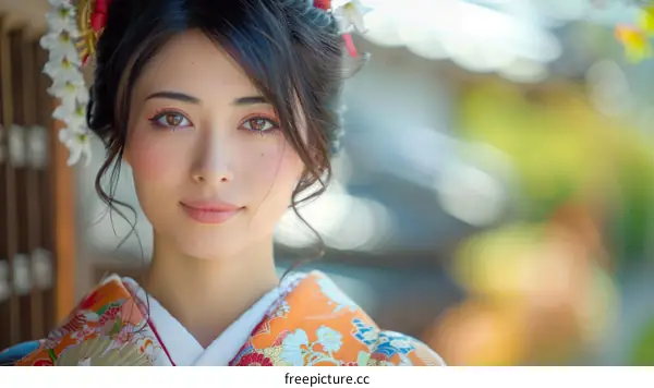 Portrait of a beautiful Japanese woman in traditional kimono