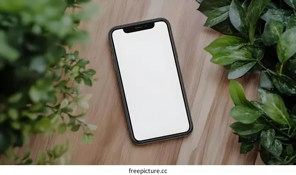 Smartphone Mockup With Blank Screen On Wooden Table With Plants