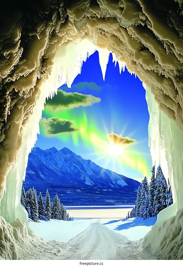 View of Mountains and Frozen Lake Through Ice Cave Entrance