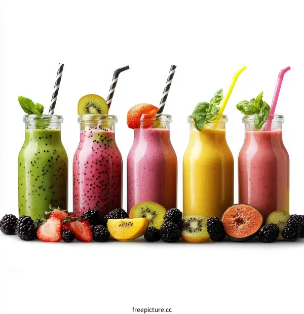 Assorted Colorful Fruit Smoothies in Bottles