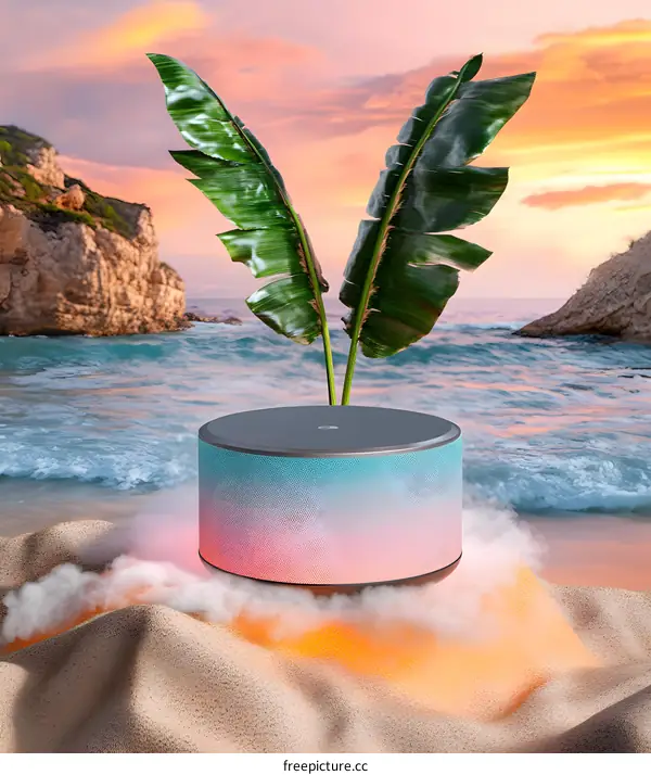 Smart Speaker on a Beach with Tropical Plants and Sunset