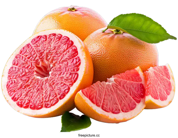 [Transparent Background PNG]Freshly Cut Red Grapefruit with Green Leaves