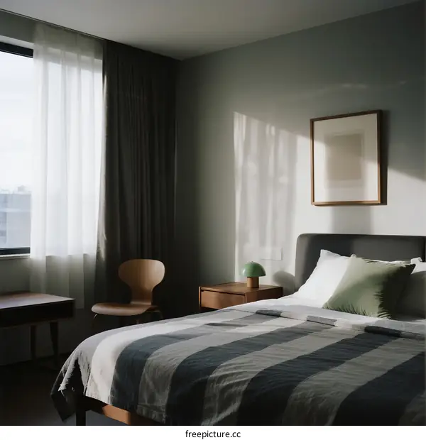 Modern minimalist bedroom with gray walls and large window