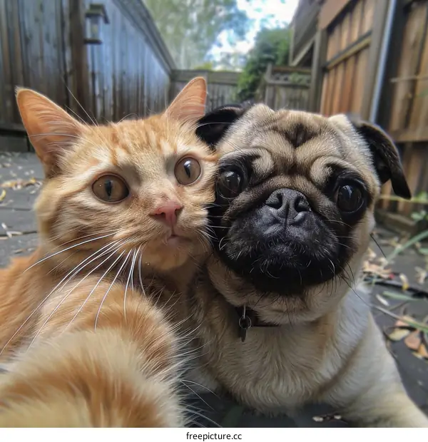 A ginger cat and a pug taking a selfie together