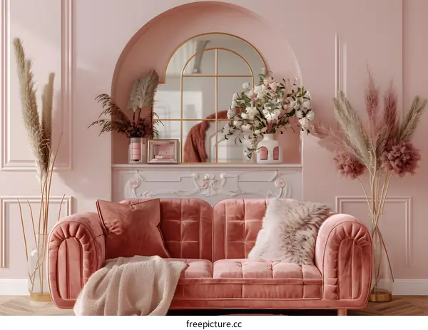 Pink Living Room Interior Design with Velvet Sofa and Pampas Grass