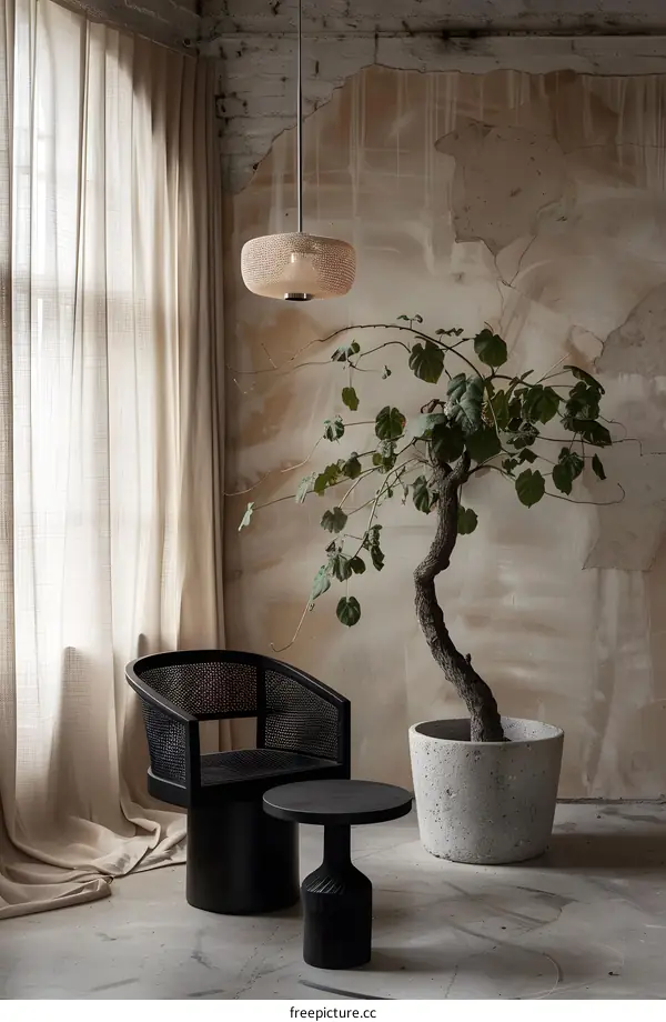 Modern Interior Design with Woven Chair and Concrete Pot