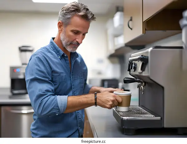 Man Making Coffee in Office Kitchen