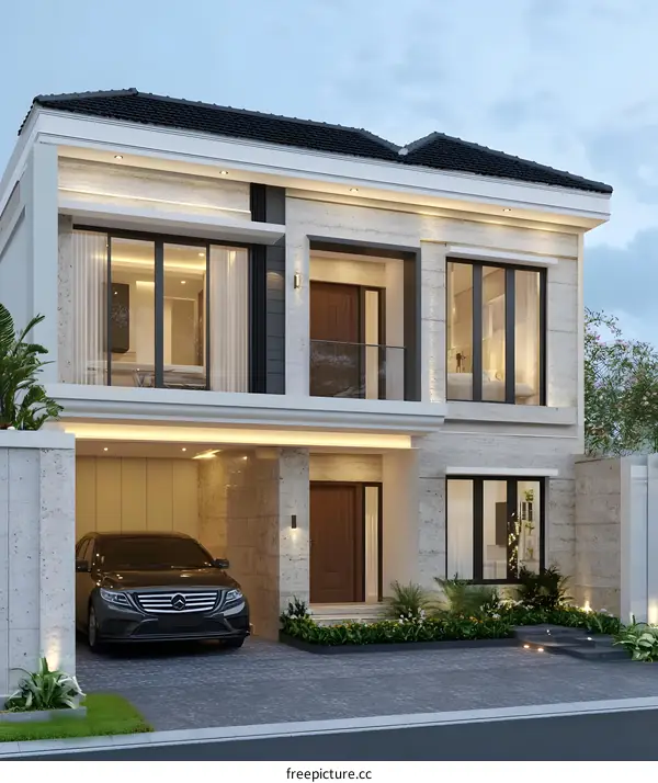 Modern Two Story House Design With Black Car In Garage