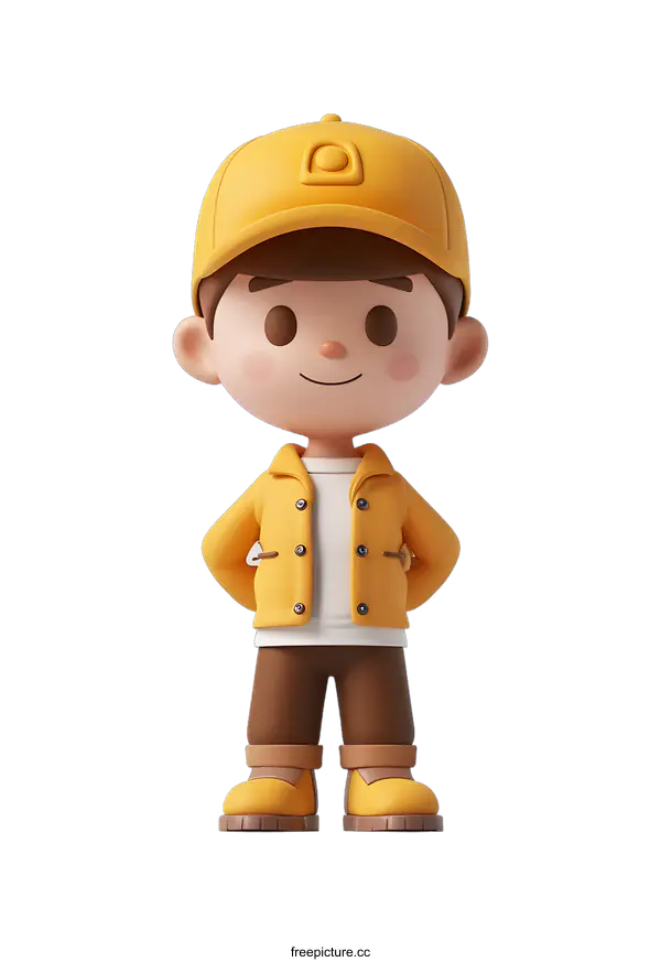 [Transparent Background PNG]A 3D rendering of a boy wearing a yellow cap and brown pants
